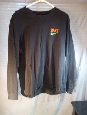 Nike Black Long Sleeve Tee with Neon Orange 'Just Do It' and Green Swoosh